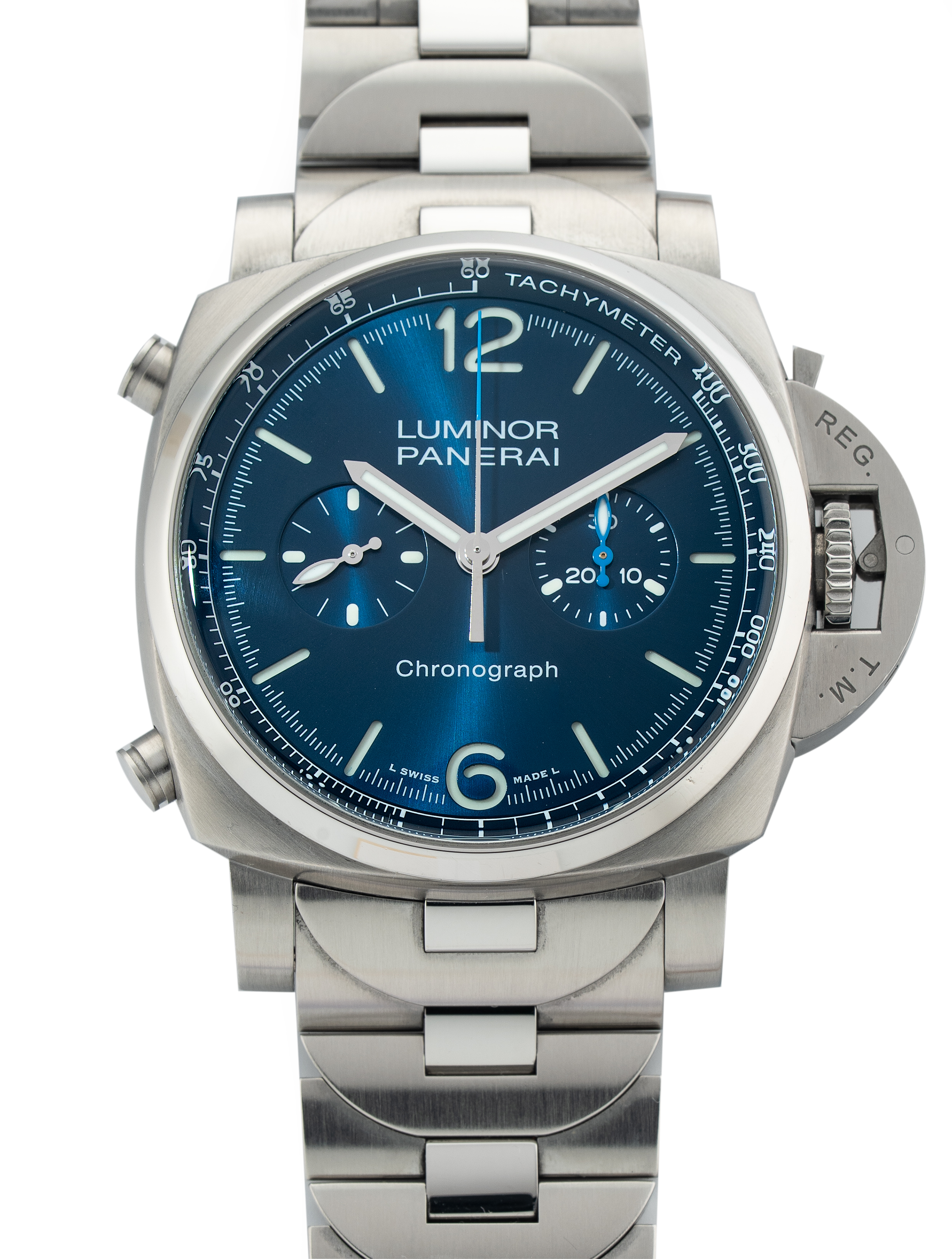 Panerai Luminor Chronograph 44mm BLUE Dial Stainless Steel w Bracelet PAM1110 - 100% Complete