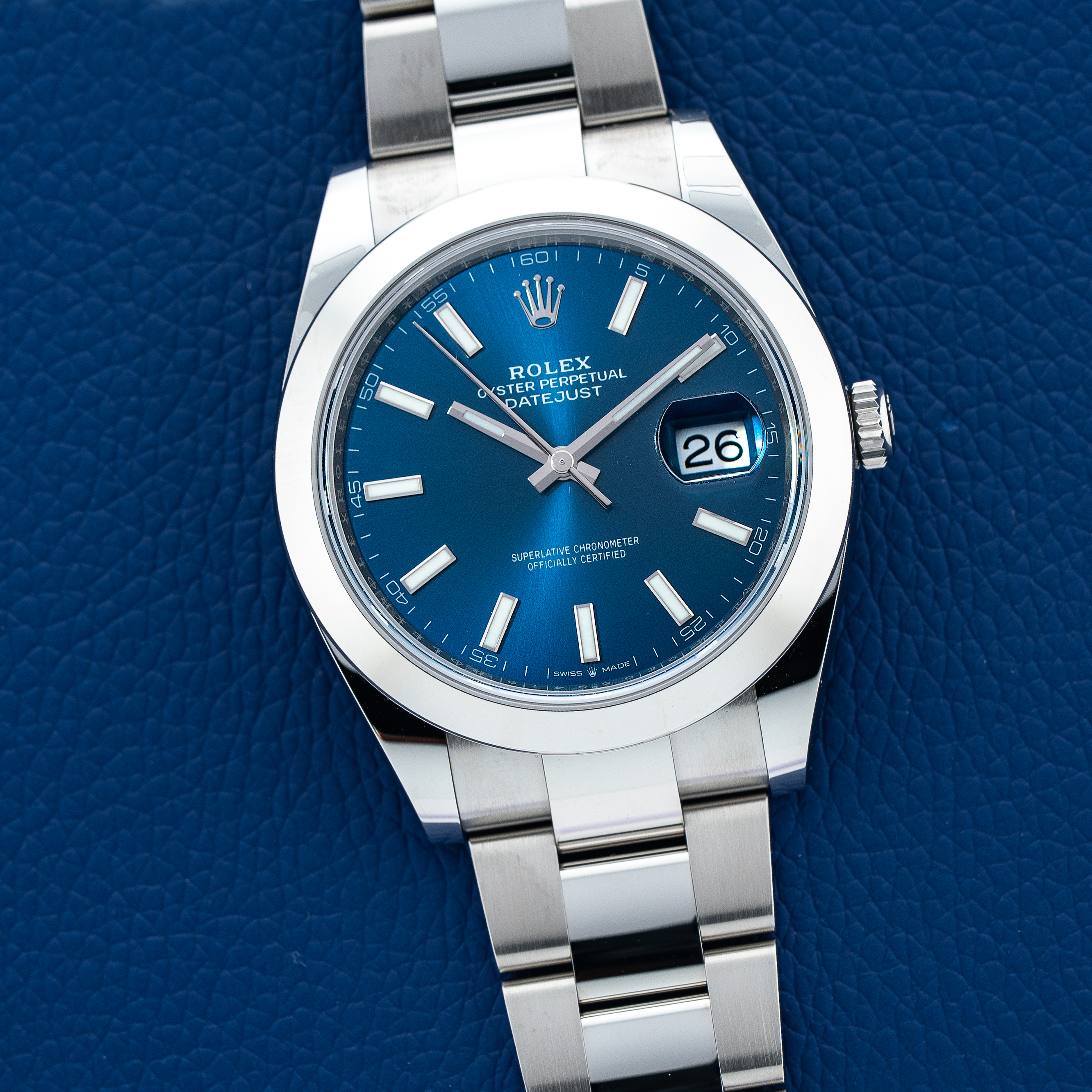 Rolex Datejust Mens 41mm Stainless Steel Oyster Bracelet Blue Stick Dial 126300 - Brand New